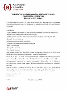 22 DE JUNY - ASSEMBLEA ORDINÀRIA 2023 · Aula d'Extensió Universitària d'Argentona